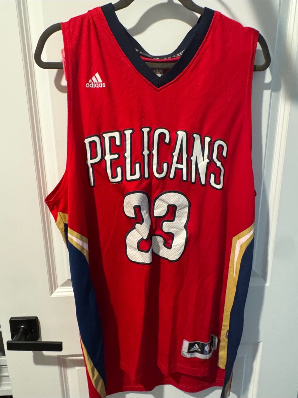 adidas Red New Orleans Pelicans #23 Anthony Davis Jersey with Navy & Gold